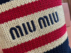 Miu Crochet Tote Bag 30x38 Beige Dark Blue Raffia-Effect Woven 285257