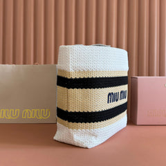 Miu Tote Bag 40cm Beige White Black Raffia-Effect Woven 285413