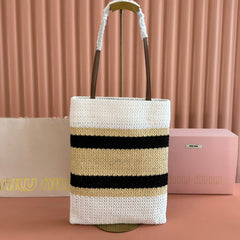 Miu Crochet Tote Bag 30x38 Beige White Raffia-Effect Woven 285269