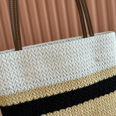 Miu Crochet Tote Bag 30x38 Beige White Raffia-Effect Woven 285269