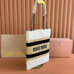 Miu Crochet Tote Bag 30x38 Beige White Raffia-Effect Woven 285269