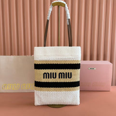 Miu Crochet Tote Bag 30x38 Beige White Raffia-Effect Woven 285269