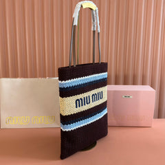 Miu Crochet Tote Bag 30x38 Beige Brown Raffia-Effect Woven 285266
