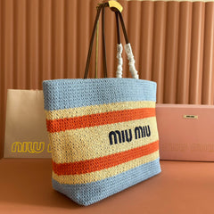 Miu Tote Bag 40cm Beige Blue Red Raffia-Effect Woven 285422