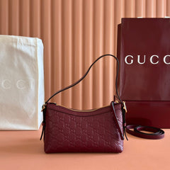 GG Emblem Shoulder Bag Burgundy Embossed Cowhide