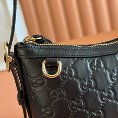 GG Emblem Shoulder Bag Black Embossed Cowhide