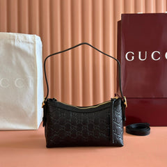 GG Emblem Shoulder Bag Black Embossed Cowhide