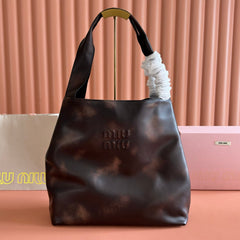 Miu Logo-Embossed Tote Bag Coffee Leather