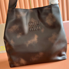 Miu Logo-Embossed Tote Bag Coffee Leather