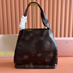 Miu Logo-Embossed Tote Bag Coffee Leather