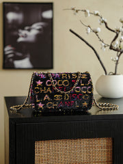CC 2025 Flap Bag 21cm Black Mix Colors Sequin 308603