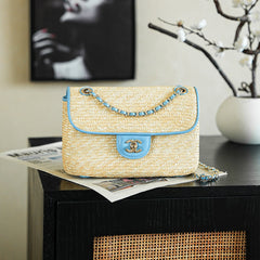 CC 25/26 Smal Flap Bag 23cm Beige Blue Straw Lambskin