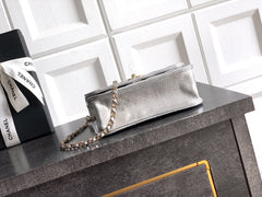 CC Mini Flap Bag 17.5 With Handle Sliver Metalic Lambskin