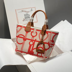 STEEPLE 28 BAG IN OFF-WHITE MIX LIGHT RED CANVAS AND BROWN SWIFT LEATHER