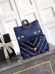 CC 26K Flap Bag 21cm Navy Blue Silk Sequin