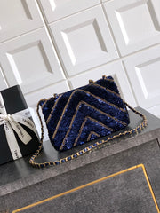 CC 26K Flap Bag 21cm Navy Blue Silk Sequin