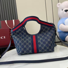 Gucci 25 Giglio 25cm Bag Blue Denim Leather 292387
