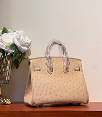 KELLY SELLIER 25 BAG IN CAMEL BEIGE OSTRICH LEATHER WITH SILVER HARDWARE (MADE - TO - ODER)
