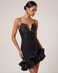 Flower Embroidered Spaghetti Strap Asymmetric Ruffle Mini Dress - Black