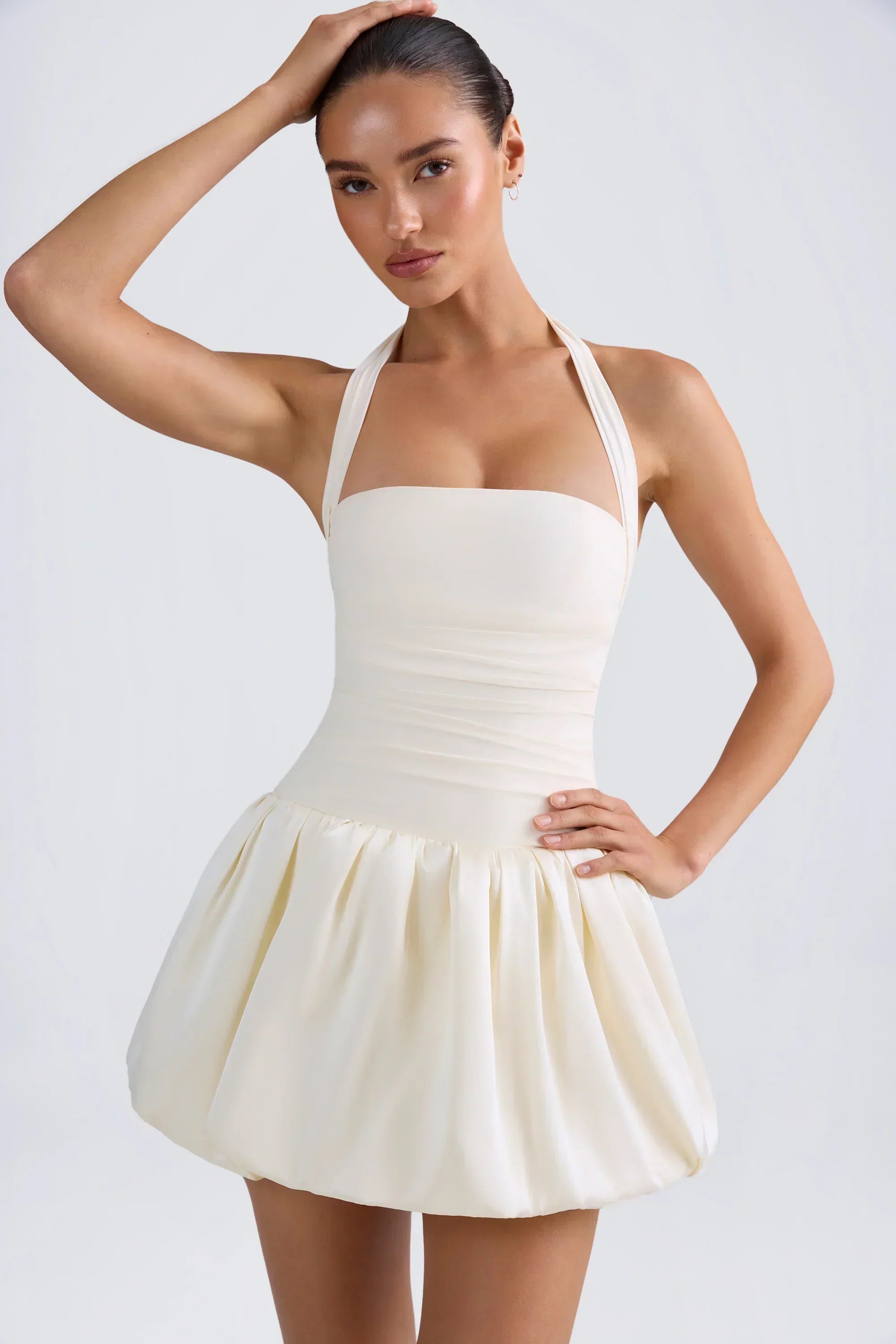 Halterneck Lace-Up Bubble Hem Corset Micro Mini Dress In Ivory