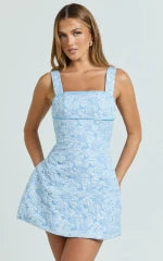 Vivian Mini Dress - Square Neck A Line Dress in Blue