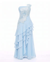 Orchid Embroidered Strapless Layered Maxi Dress - Light Blue
