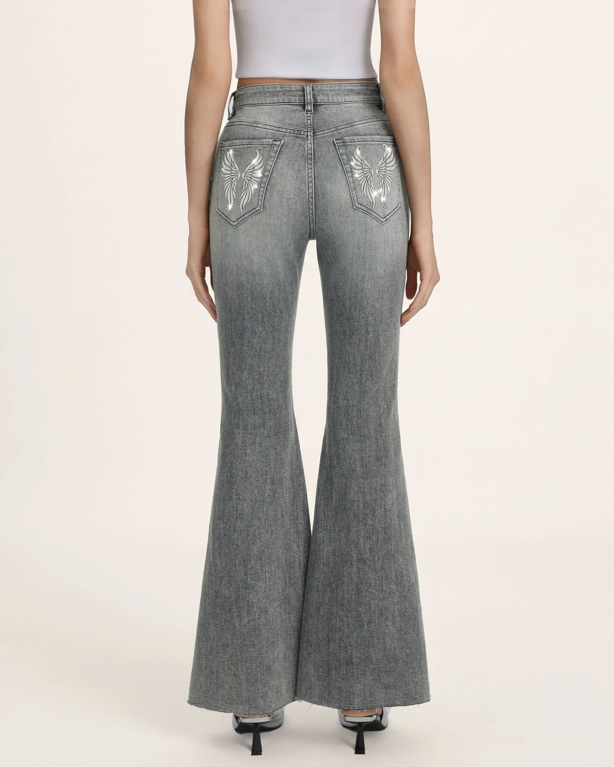 Seraphic Crystal Back Wing Bell Bottom Jeans - Smoke and Mirrors