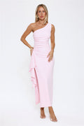 Chic One Shoulder Ruched Drape Maxi Dress Pink