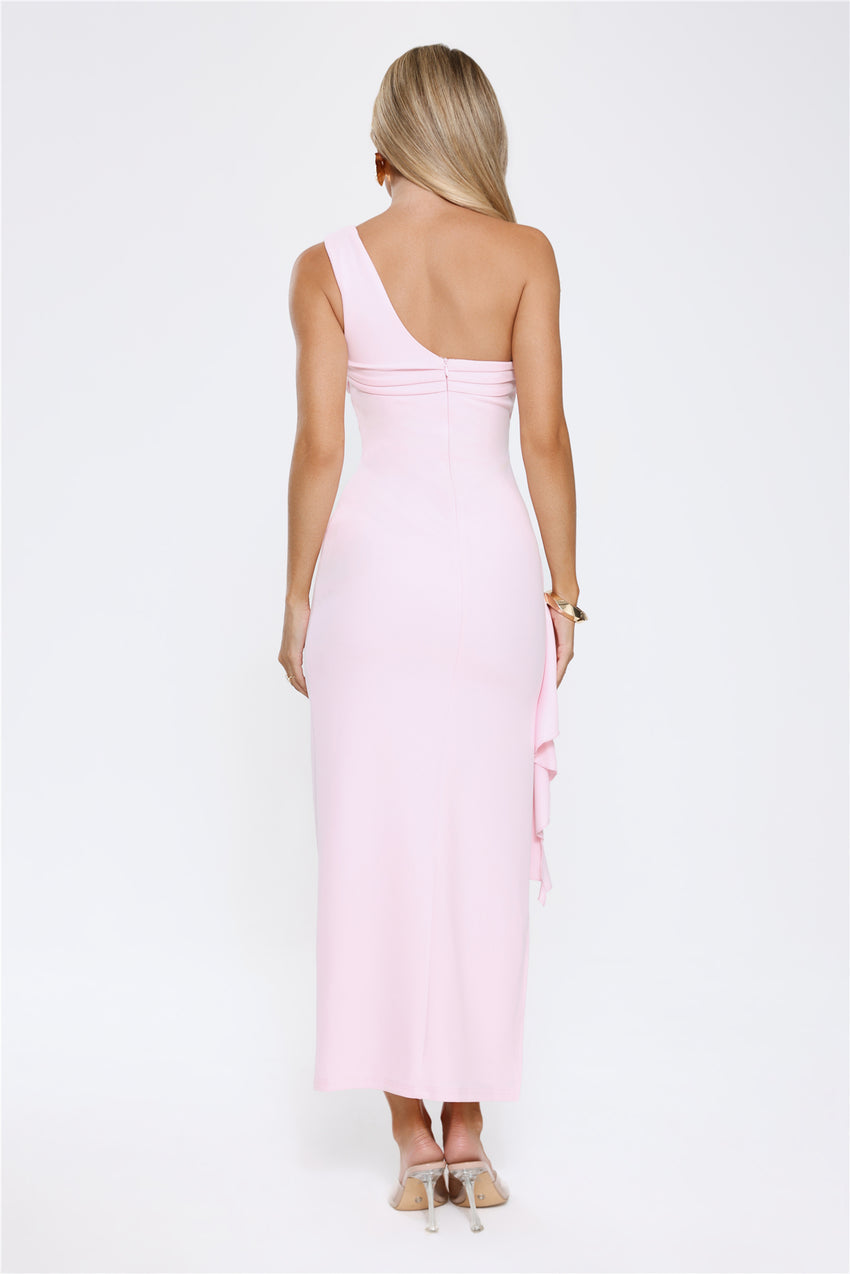 Chic One Shoulder Ruched Drape Maxi Dress Pink