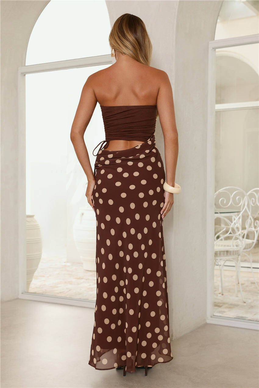 Lovergirl Energy Polka Dot Strapless Maxi Dress Brown