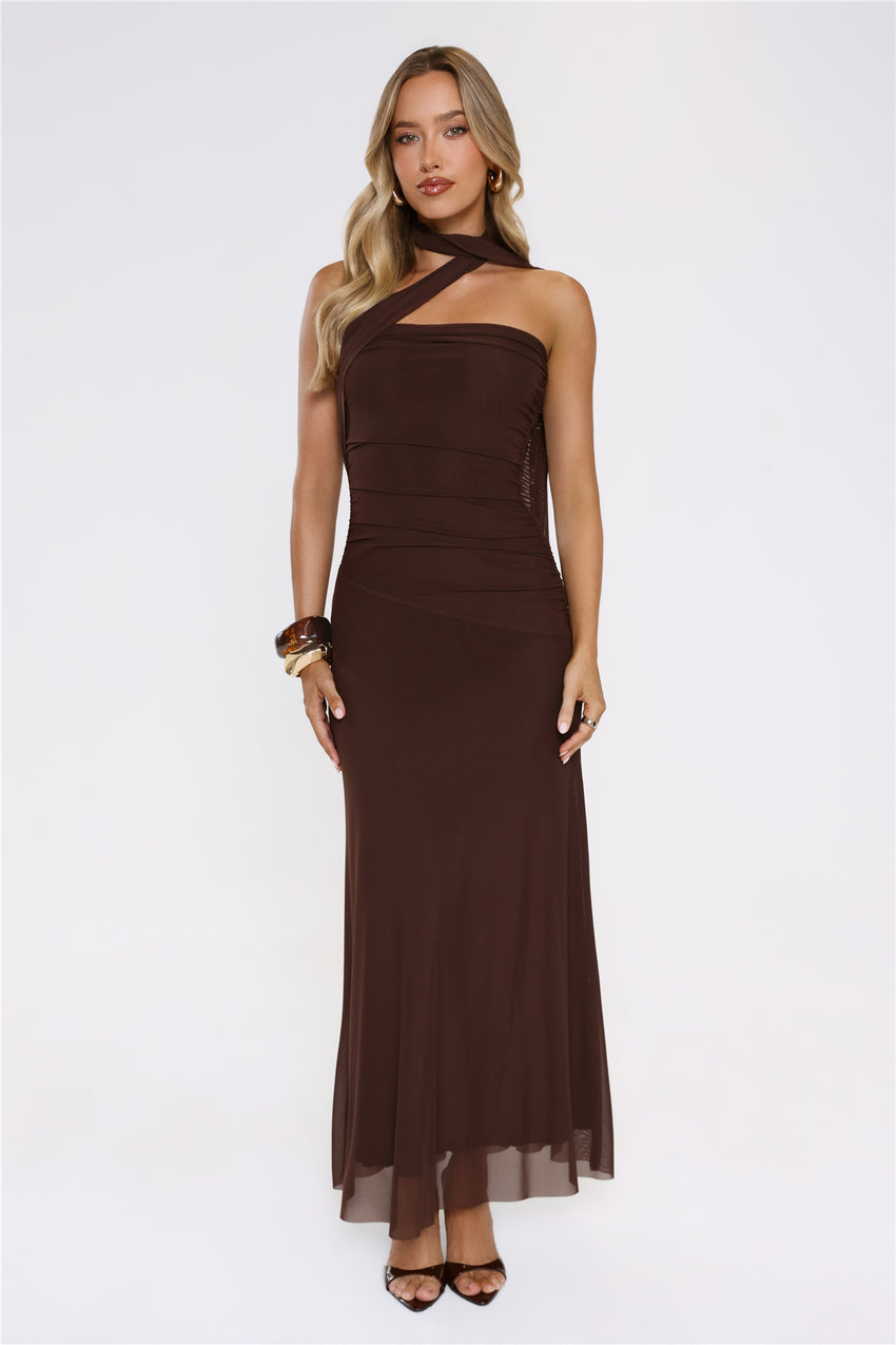 Evening Allure Mesh Strapless Maxi Dress Brown