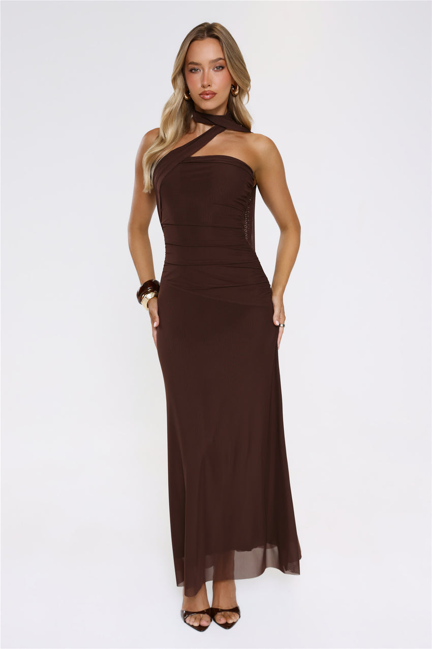Evening Allure Mesh Strapless Maxi Dress Brown