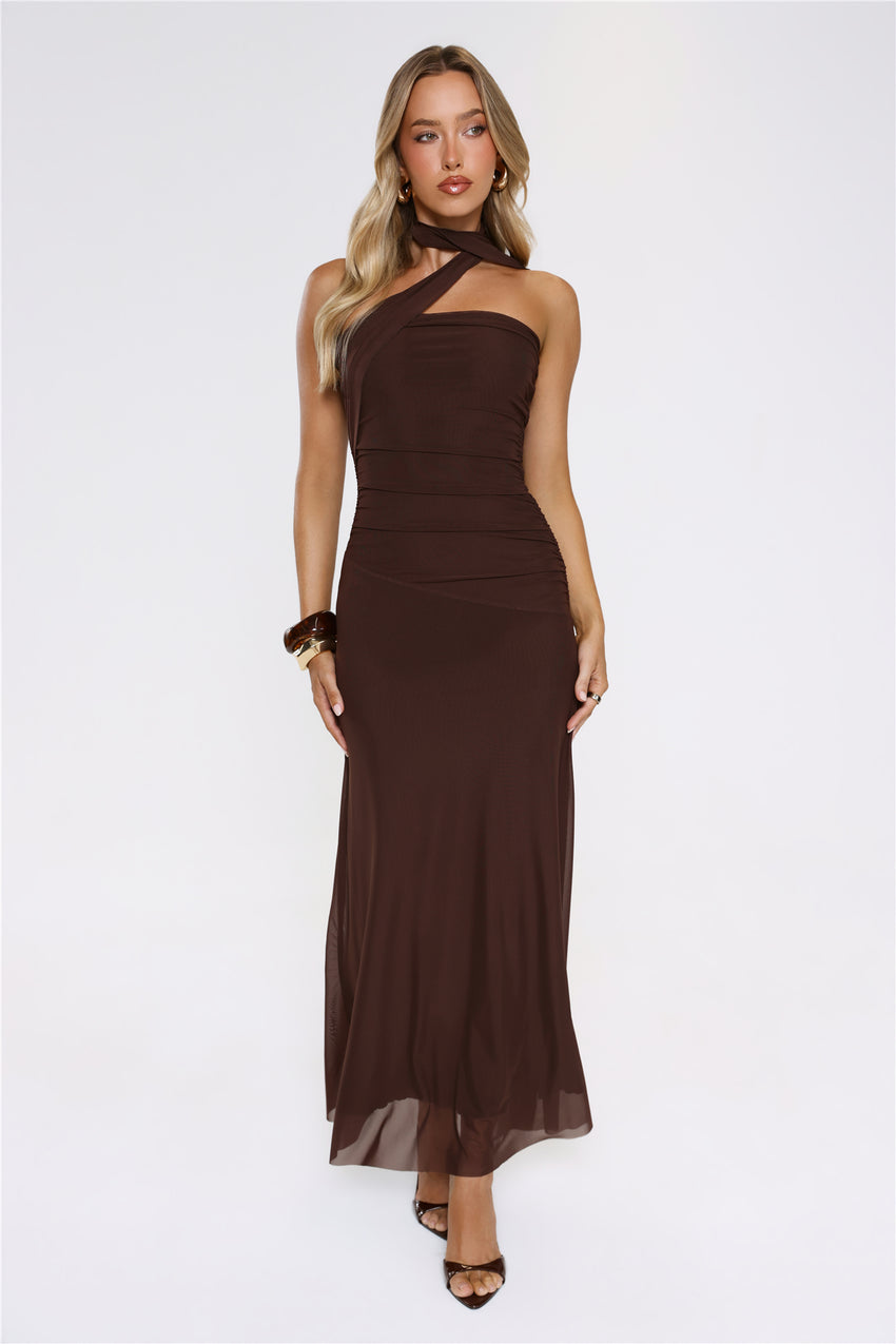 Evening Allure Mesh Strapless Maxi Dress Brown