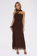 Evening Allure Mesh Strapless Maxi Dress Brown