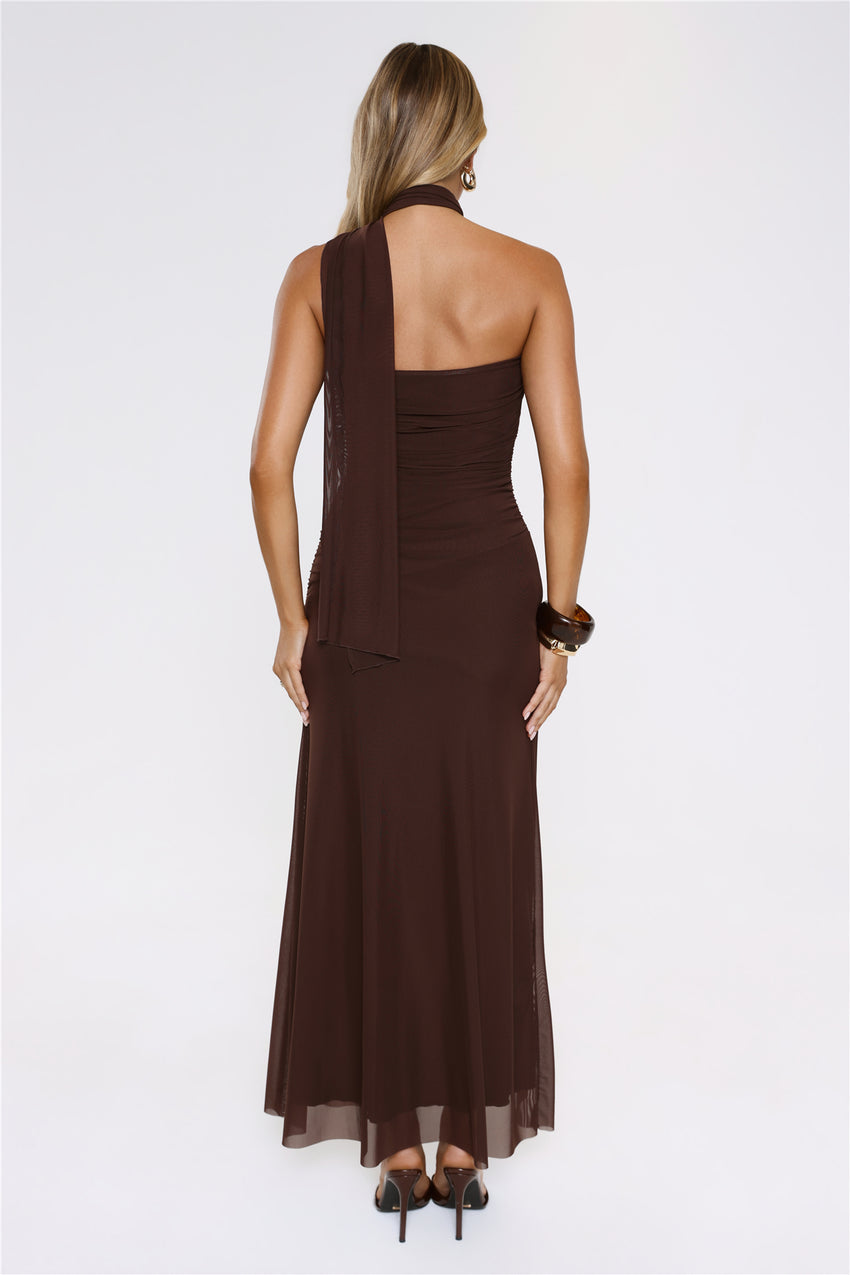 Evening Allure Mesh Strapless Maxi Dress Brown