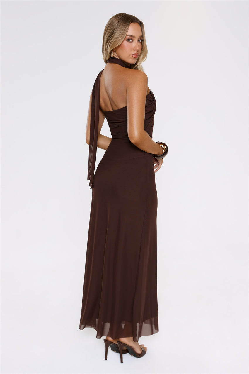 Evening Allure Mesh Strapless Maxi Dress Brown