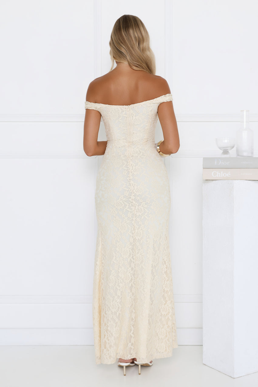 Cherished Off Shoulder Lace Maxi Dress Lemon