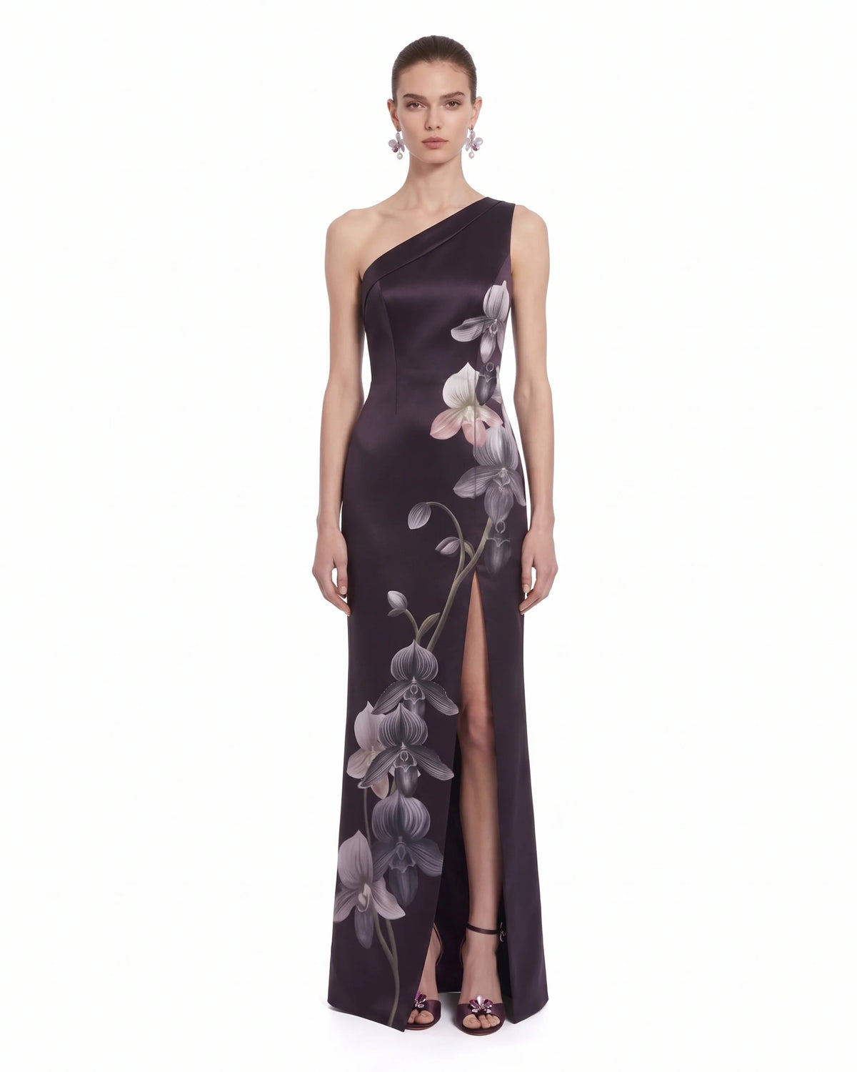 Floral One-Shoulder Slit Maxi Dress - Dark Purple