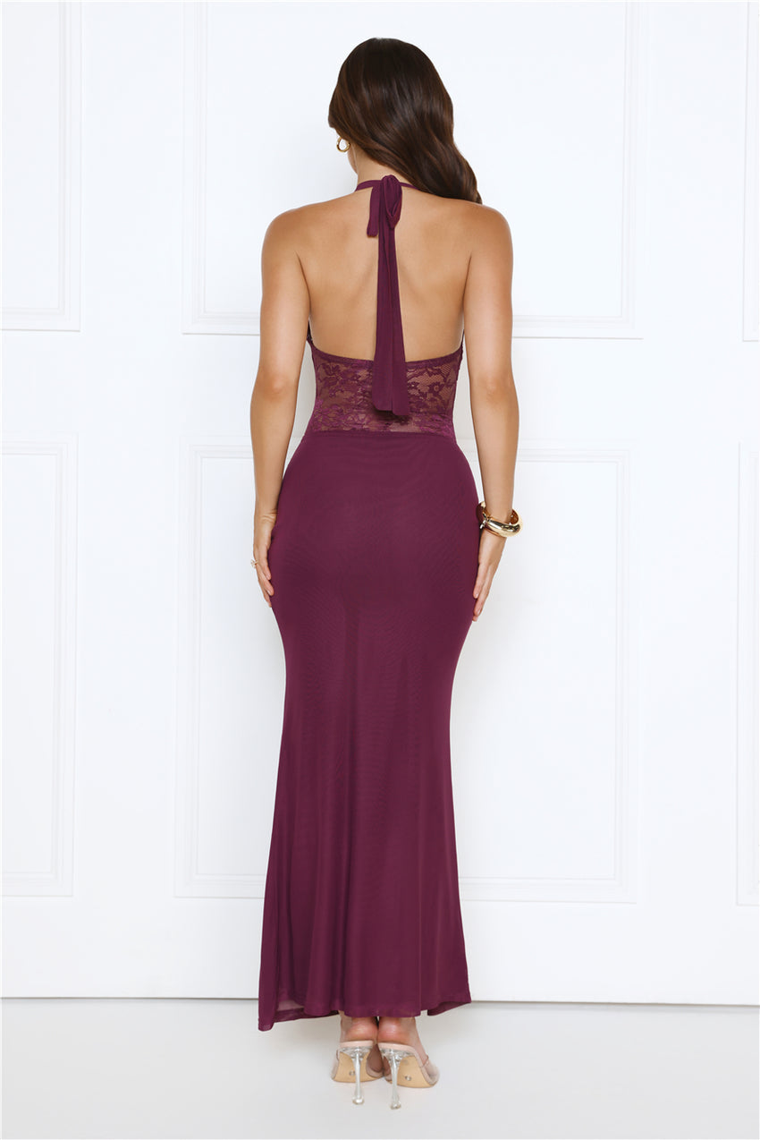 Haute Habit Halter Lace Maxi Dress Plum