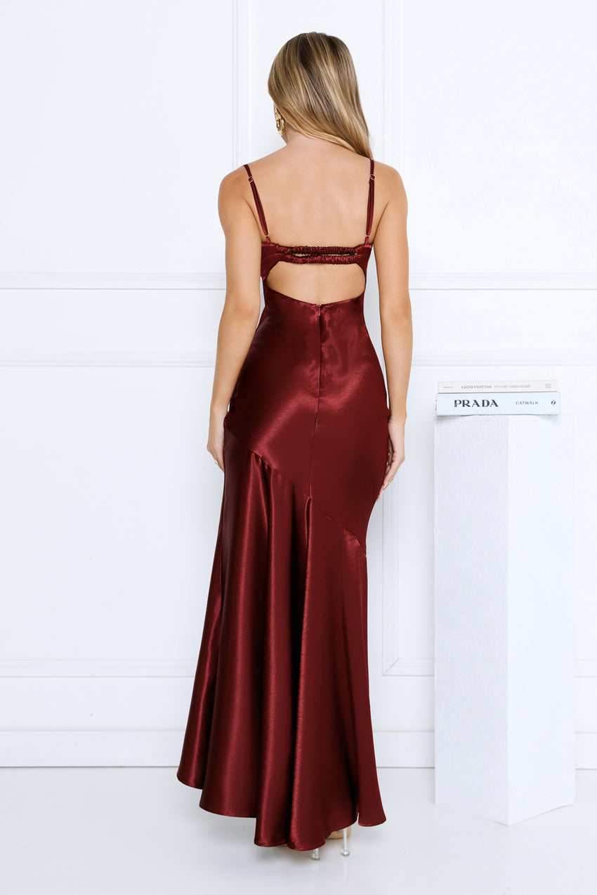 Nightfall Chic Satin Maxi Dress Burgundy