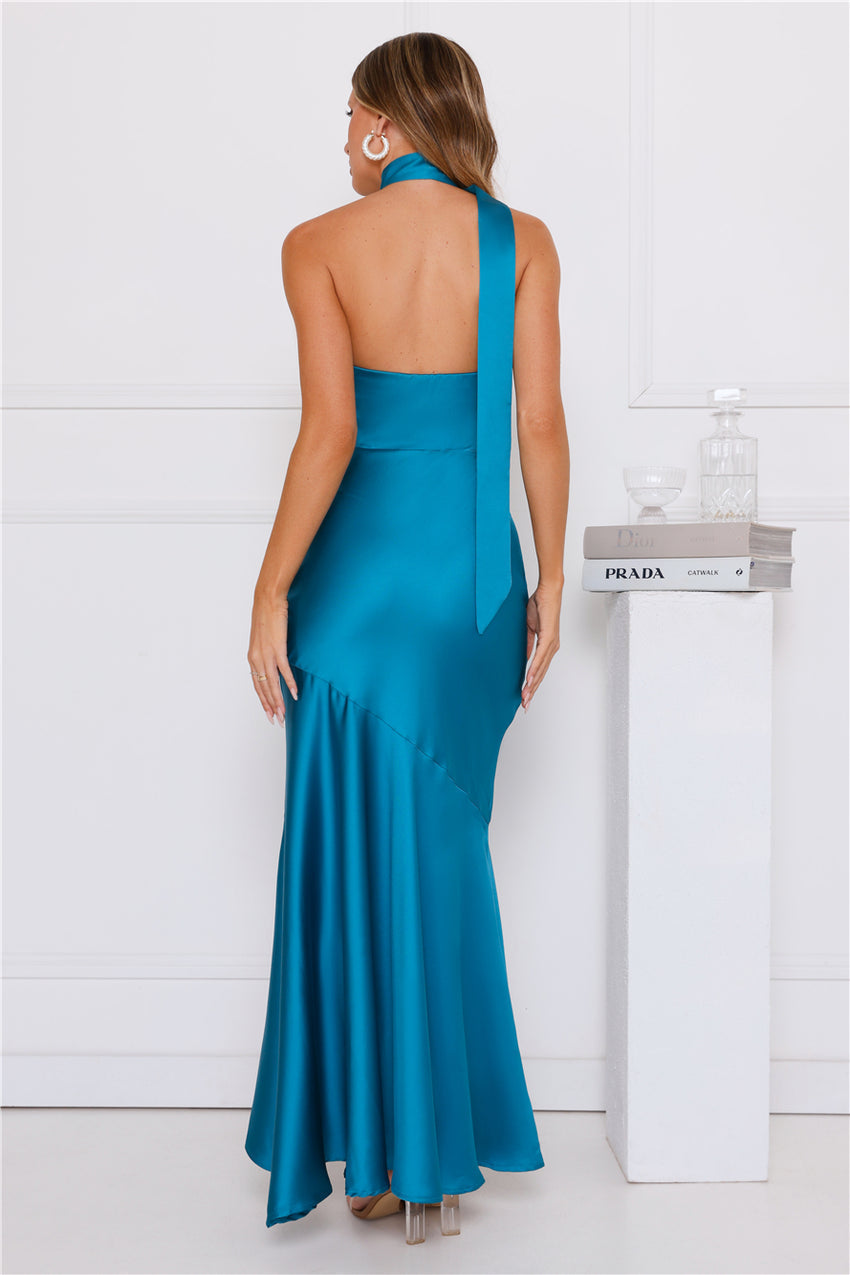 Graceful Influence Satin Halter Maxi Dress Teal