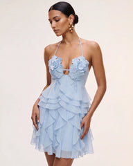 Flower Embroidered Halter Ruffled Mini Dress - Light Blue