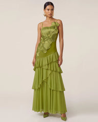 Orchid Embroidered Ruffled One-Shoulder Maxi Dress - Olive Green