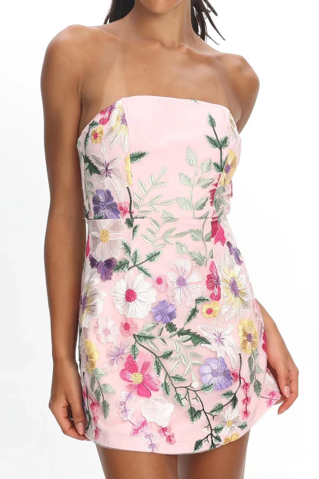 Gardenia Mini Dress - Strapless Floral Embroidered Mini
