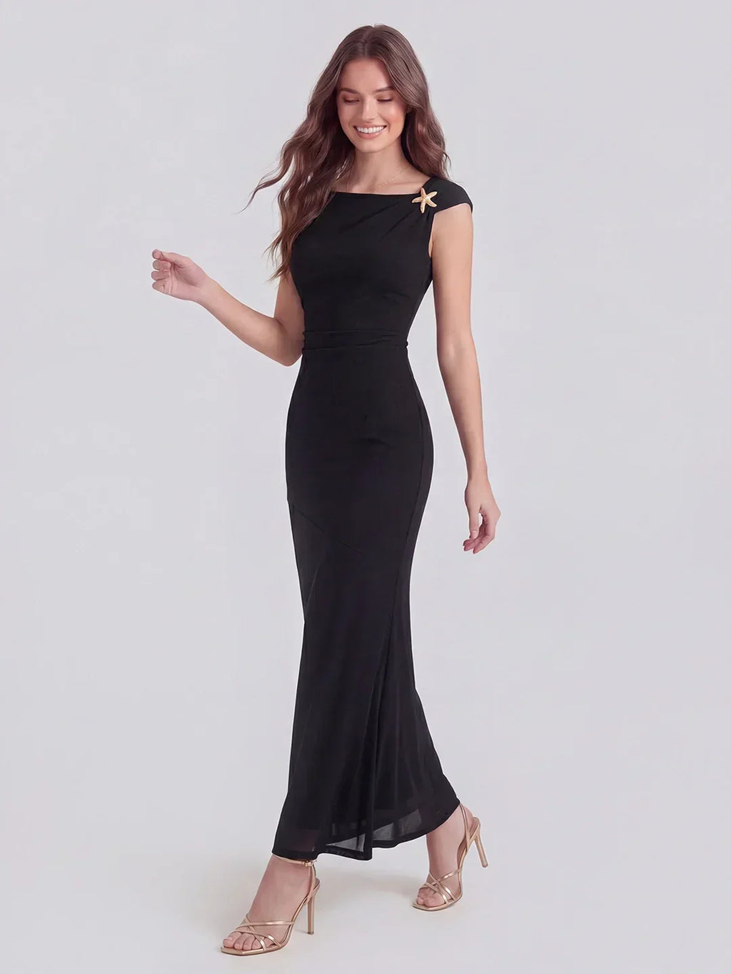 Asymmetric Sleeve Bodycon Gown With Knot-Shoulder Detail