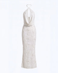 Orchid Beaded Embroidered Keyhole Cowl Halter Maxi Dress - White