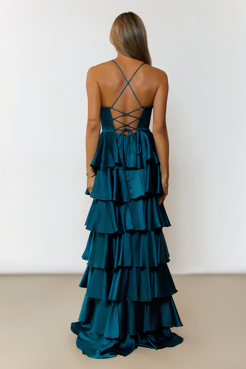 Lights Camera Party Satin Maxi Dress Emerald