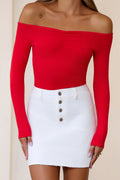 BASE Luxe Rib Pure Comfort Off Shoulder Long Sleeve Top Red