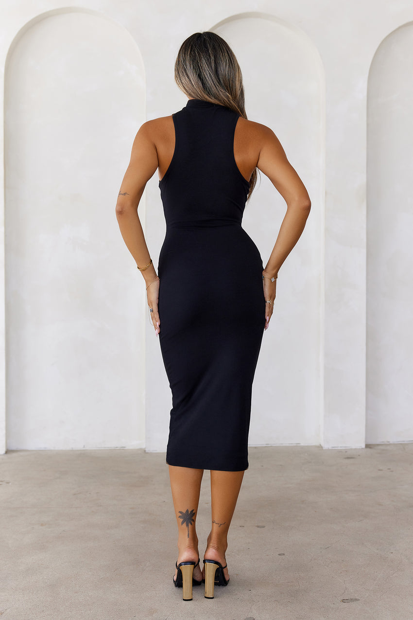 BASE The High Neck Ribbed Bodycon Midi Dress Black