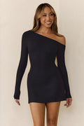 BASE Luxe Rib Off Shoulder Long Sleeve Mini Dress Black